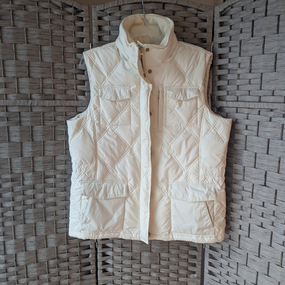 Lands End Puffer Vest Cream White Quilted Goose Down Insulated Sz L 14-16 Cozy